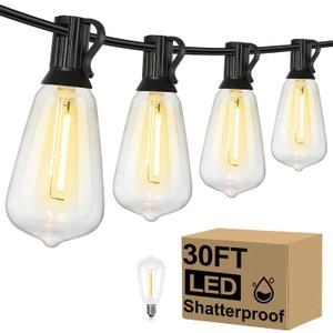 Brightever 30FT LED Outdoor String Light with 16 ST38 Vintage Edison Shatterproof Bulbs, Commercial Grade Patio Lights Connectable, Waterproof Hanging Lights for Balcony, Backyard, Warm White (30FT-Warm White, Black Wire)