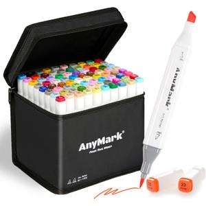 AnyMark Alcohol Markers Brush Tip, 80+1 Colors Dual Tip Brush & Chisel Alcohol-Based Art Markers Set with Case for Adult Artists Drawing Coloring