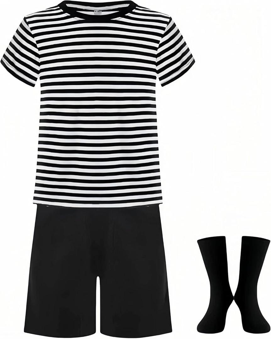 Halloween Addams Costume for Boys Black and White Striped T Shirts Sleeve Stripes Toddler Shorts and Tube Socks (Medium)