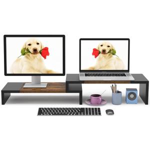 WESTREE Dual Monitor Stand - Riser 2 Shelf Computer with Adjustable Length and Angle, Stands for Monitors, Desktop Organizer PC, Computer, Laptop (Rustic Brown)