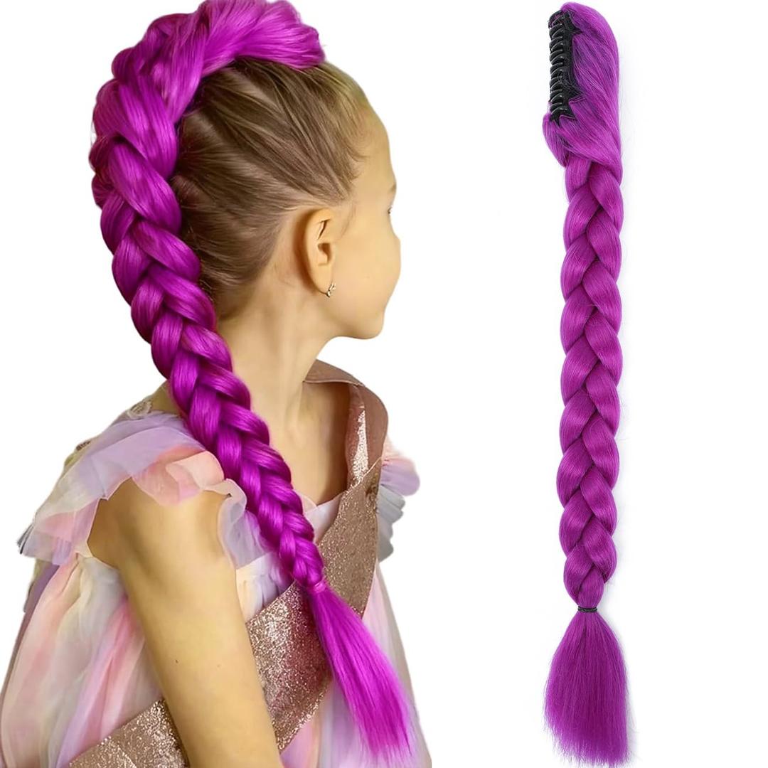 Long Purple Hair Extensions Synthetic Fiber Braid Cosplay Purple Braiding Hair 24 INCH Easy Claw Clip ponytail extension for Cosplay Halloween Costume (24 Inch)