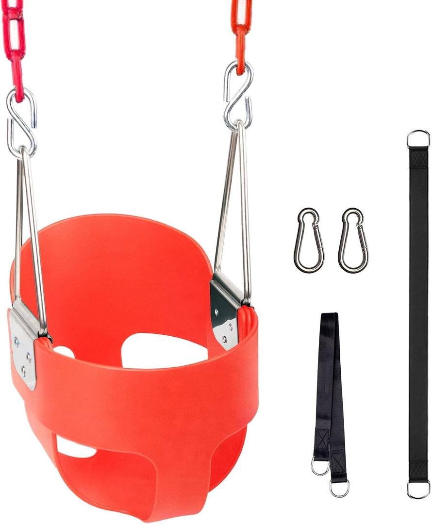 KINSPORY Toddler Swing, 59" Coated Heavy-Duty Iron Chains Baby Swing Outdoor, High Back Full Bucket Infant Swing Seat with Tree Straps for Swing Sets Backyard Outdoor Indoor (Red)
