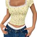 Women Y2k Ditsy Floral Lace Trim Crop Tops Yellow Cute Scoop Neck Tight Fitted Short Sleeve T Shirts Going Out (L)