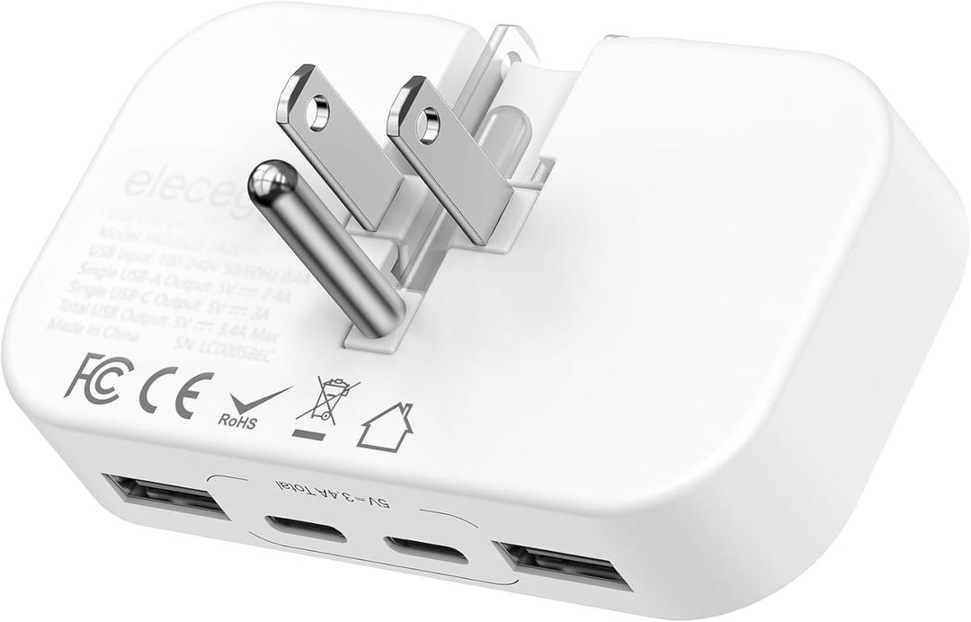 Slim Flat USB C Wall Charger,4 Ports Ultra Thin Foldable Wall Plug with Smart IC,Dual USB and Dual USB C Charger Block for iPhone, iPad, iPod, Android,Samsung Galaxy,and More