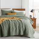 palassio Olive Green King Size Quilt Set, Muslin Cotton Shell Down-Alt Poly Filling, Soft Shabby Chic Rustic Farmhouse Country Bedspread, Textured Gauze Coverlet, Lightweight Bedding, 2 Shams