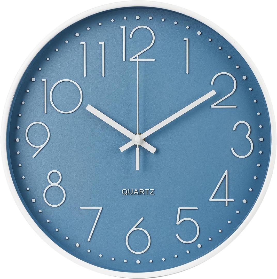 Wall Clock 10 Inch Non-Ticking Silent Modern Simple Style Round Decor Clock Cerulean Stereoscopic Dial Quartz Wall Clocks for Home/Office/School/Living Room/Bedroom/Kitchen