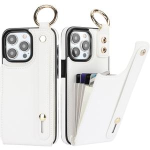 Folosu for iPhone 15 Pro Max Wallet Case with Card Holder, Hand Wrist Strap Loop Holder Kickstand, RFID Blocking Finger Grip Ring PU Leather Double Buttons Shockproof Cover 6.7" White