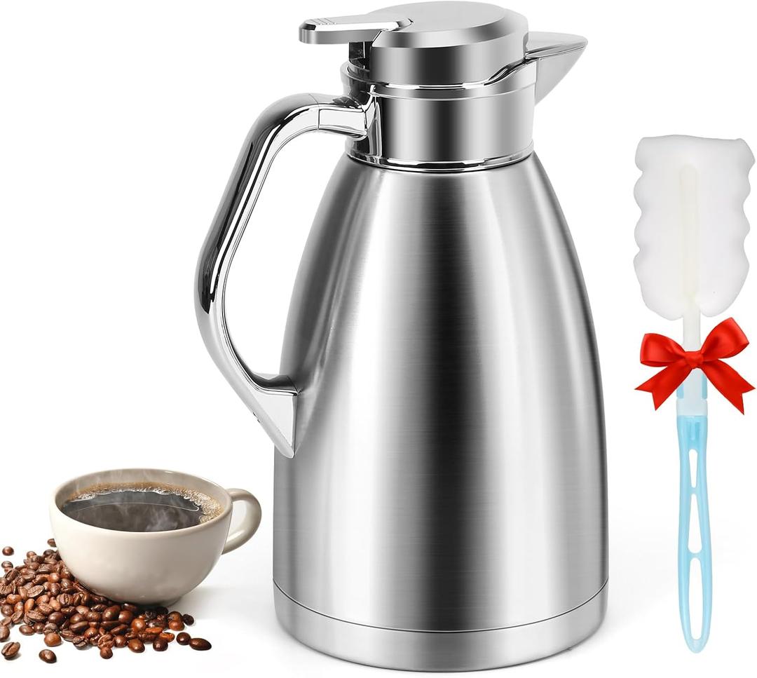 Coffee Carafes for Keeping Hot, ShineMe Stainless Steel Thermal Coffee Carafe with Cleaning Brush, Double Walled Vacuum Coffee Pot61oz Insulated Tea & Coffee Dispenser, Long Heat/Cold Retention