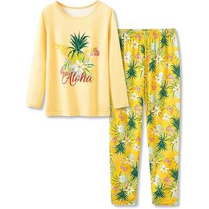 Beezizac Girls Yellow Pineapple Pajamas 2-Piece Long Sleeve & Pants PJ Set Cute Winter Jammies, Size 12