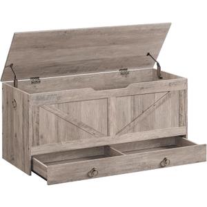 HOOBRO Storage Chest, 43.3" Toy Chest with Drawer, Wooden Storage Bench, Sturdy Entryway Bench Supports 220 lb, Shoe Bench, Safety Hinge, U-Shaped Opening, Easy Assembly, Greige BG711CW01G1