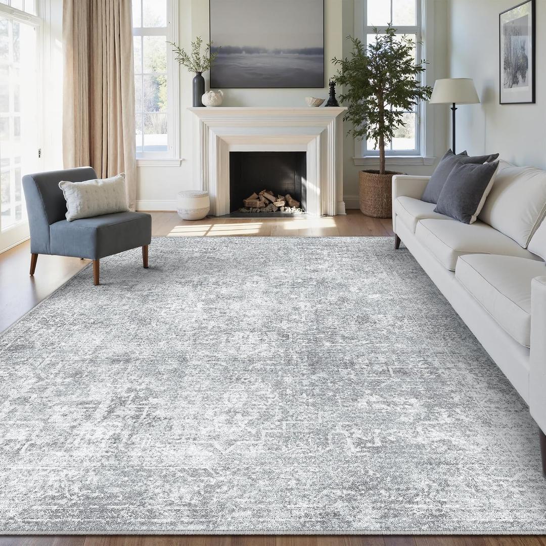 PureCozy 9x12 Area Rug Washable Vintage Living Room Carpet Large Indoor Non Slip Grey Bedroom Distressed Low Pile Retro Accent Throw Rug for Dining Room, Distressed Grey, 9' x 12' (Rectangular)