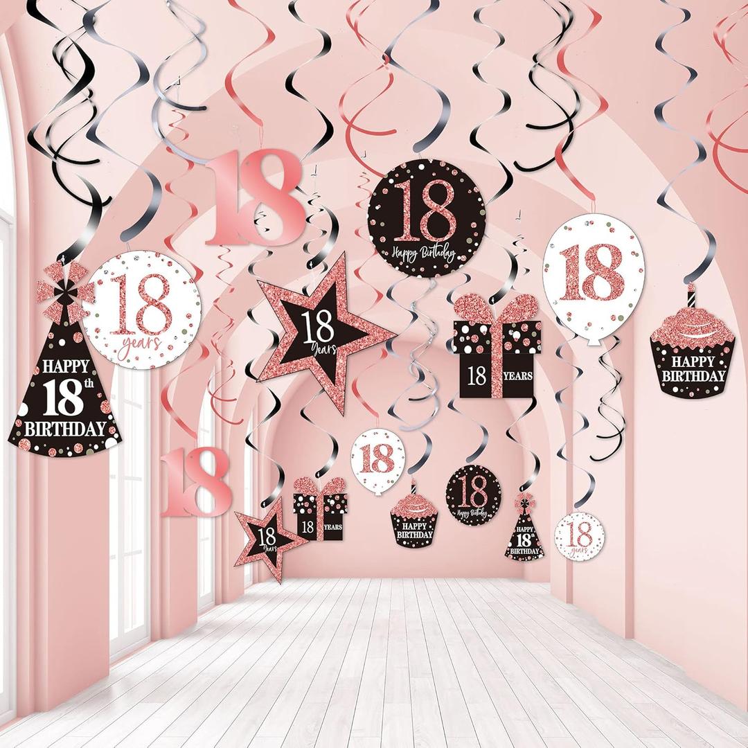 Blulu 18th Birthday Party Decorations, Birthday Rose Gold Hanging Swirls Ceiling Decorations Shiny Foil Swirls for 18th Birthday Party Supplies 30 Count