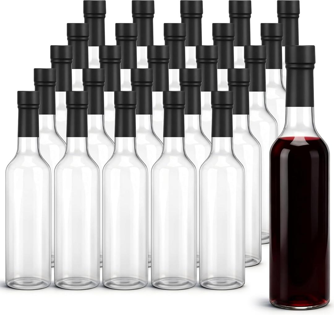 Potchen 25Pcs Plastic Wine Bottles with Screw Lid and Shrink Capsules Caps Seals, Empty Clear Long Neck Bottles for Christmas Homemade Drinks Gift Coquito Vanilla Extract Limoncello (Black,500ml)