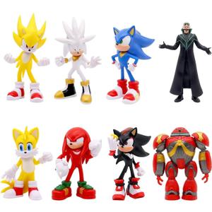 8 Pcs Super Speed Hedgehog Action Figures Set 5.7 Inch Video Game Character Toys for Boys Girls Birthday Cake Toppers Party Supplies Red Warrior Yellow Fox Cartoon Hero Collectible Model Playset Pack