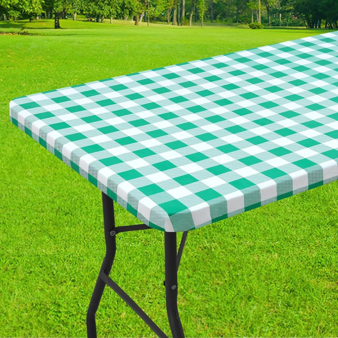 Smiry Rectangle Picnic Table Cloth, Elastic Waterproof Fitted Vinyl Tablecloth for 8 FT Tables, Flannel Backed Buffalo Plaid Table Covers for Dining, Camping, Outdoor (White and Green, 30" x 96")
