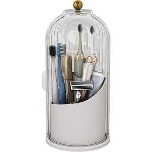 Dustproof Toothbrush Holders with Cover, Rotating Electric Toothbrush and Toothpaste Holder for Bathroom Countertop, 3 Slots Makeup Brushes Organizer, Transparent