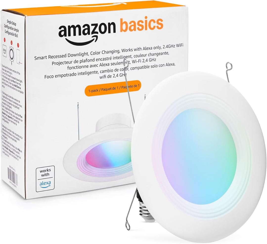 Amazon Basics Smart Recessed 5/6 Inch Downlight, Color Changing, Works with Alexa only, 2.4GHz WiFi, 1 Pack