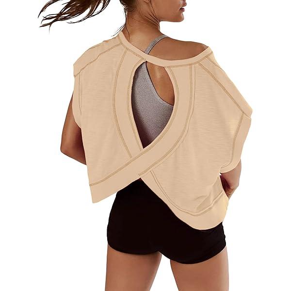 Workout Tops for Women Open Back Gym Shirts Short Sleeve Athletic Tops Backless Loose Fit Crop Top Comfy Tshirts, L