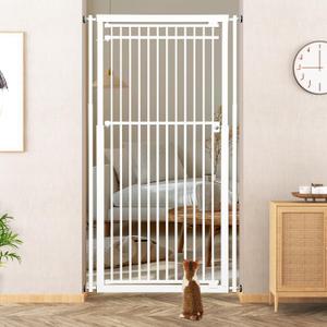 78.8" Extra Tall Cat Gate, 28.3-33" Wide Safety Metal Cat Door, Pressure Mounted Easy Walk Through Pet Gate with Door for Stairs, Doorways, White