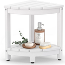 Corner Shower Stool for Inside Shower, HDPE Waterproof Shower Bench Seat Chair, Teak-Color Plastic Bath Shower Stool for Shaving Legs Foot Rest with Storage Shelf, Adjustable & Non-Slip Feet, White