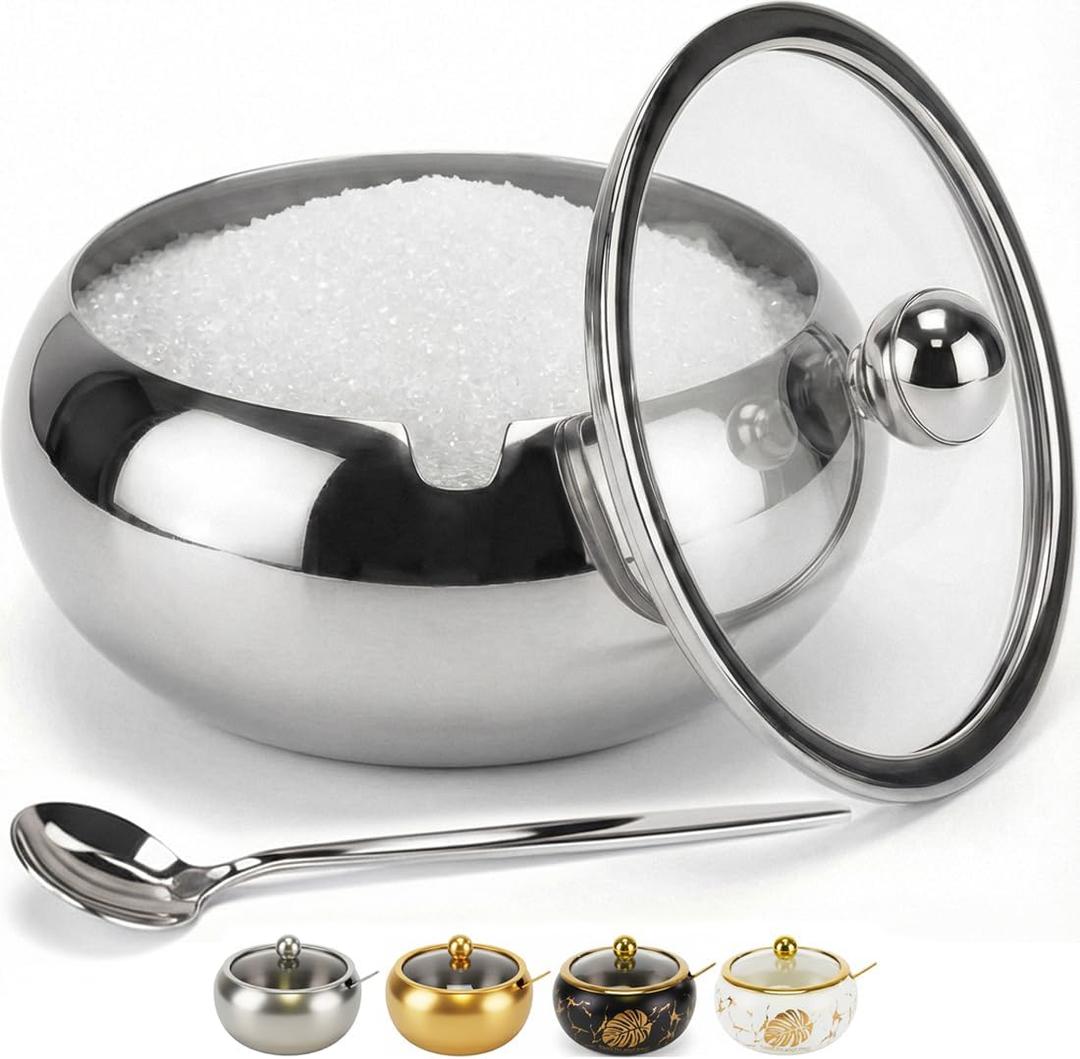 15OZ Sugar Bowl with Glass Lid and Spoon, Sugar Container of Coffee Bar Accessories, Stainless Steel Jar for Salt, Tea, Brown Sugar Cube, Dishwasher Safe, Kitchen Decor Countertop Storage, Silver