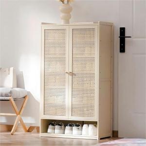7-Tier Bamboo Shoe Cabinet with Doors,24 Pair Shoe Storage Organizer,42" Tall Freestanding Shoe Rack for Entryway, Hallway, Apartment,Modern Farmhouse Style, Beige
