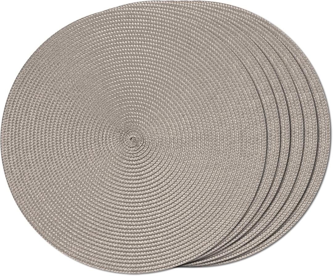FunWheat Round Braided Placemats Set of 6 Table Mats for Dining Tables Woven Washable Non-Slip Place mats 15 inch(Taupe, 6pcs)