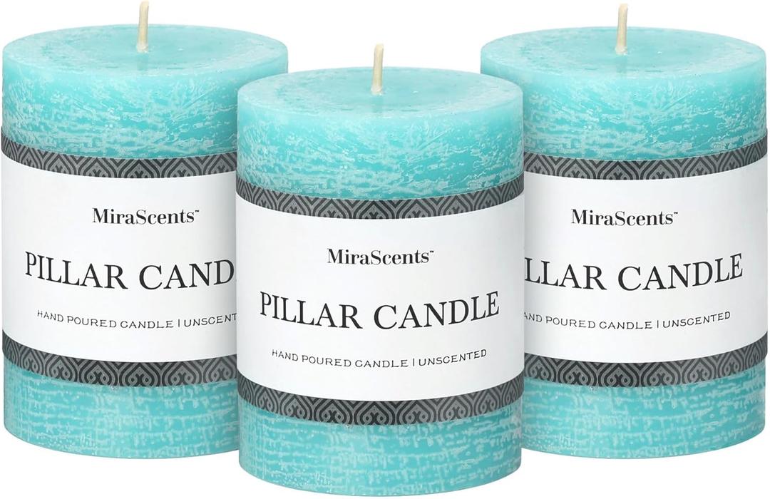 3x4 Inch Turquoise Pillar Candles Set of 3 - Unscented Candles, Long Clean Burning, Large Big Candles, Smokeless Dripless Pillar Candles for Dinner Table, Wedding, Home, Bathroom, Rustic Decor