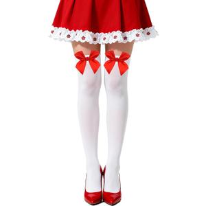akiido Thigh High Stockings with Stain Bow Accent, White Knee High Socks Over Knee Long Stockings for Women