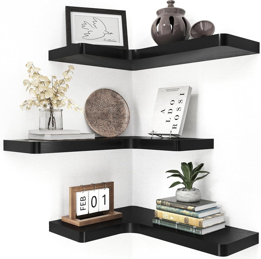 fuqing Corner Floating Shelves for Storage, Set of 3, Solid Wood, Wall Mount Wooden Display Shelf for Bathroom Bedroom Kitchen Garage, Black (Invisible Bracket, Black)