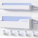 Bedside Shelf Wall Mount, Adhesive Bedside Shelf Accessories Organizer with Hooks and Cable Clips, Dorm Bedside Wall Storage for Phone, Remote, Earphone, Kindle, Plastic (5 Hooks Style)