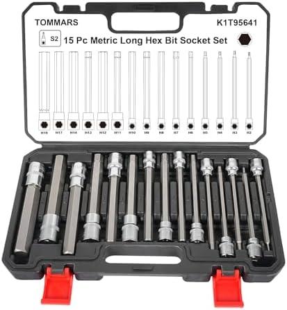 TOMMARS 15-PC Metric Long Hex Bit Socket Set, Extra Long Socket Set S2 Alloy Steel 3/8", 1/2" Drive, H2 - H19.