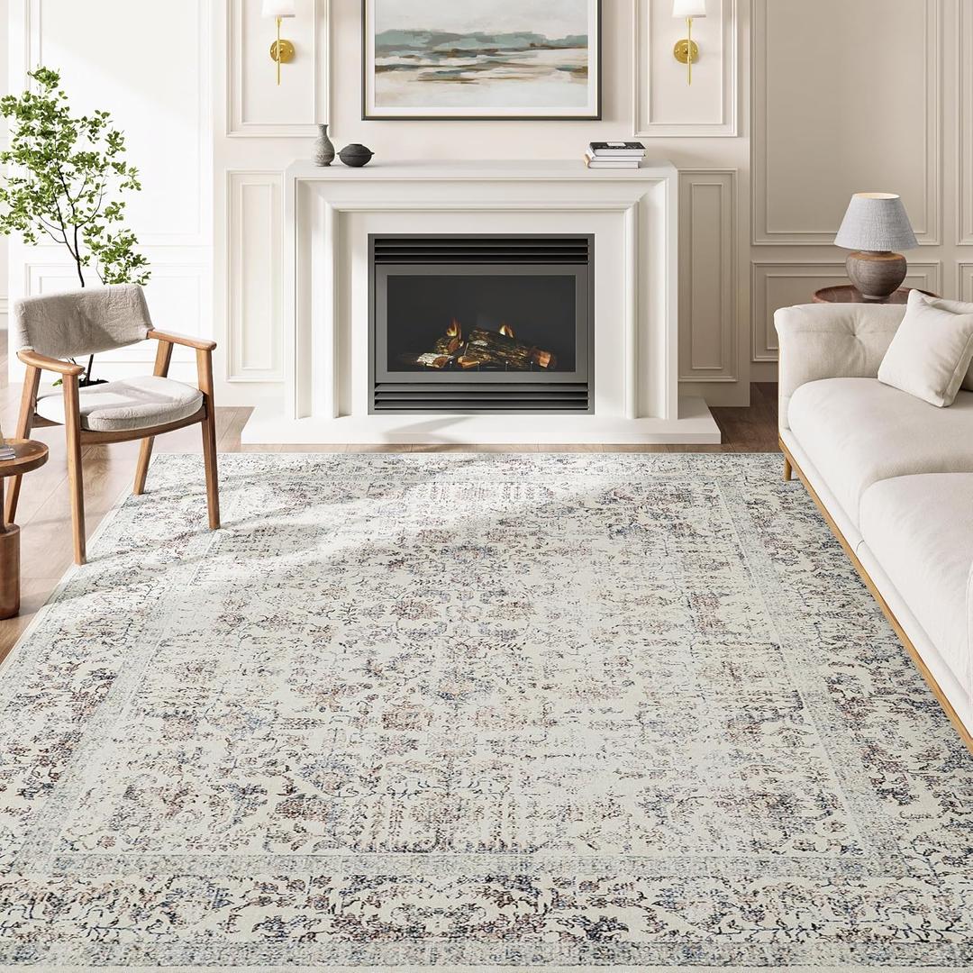 Taupe Area Rug 5x7 Machine Washable Vintage Living Room Distressed Non Slip Carpet Traditional Indoor Bedroom Retro Floral Accent Throw Large Rug for Office Kitchen Bathroom Dining Room