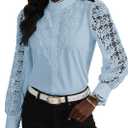 Rooscier Women's Lace Elegant Dressy Blouse Mock Neck Long Sleeve Button Down Work Business Crochet Shirt Top (Brown)