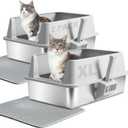 2PACK Stainless Steel Cat Litter Box with Lid, XL Metal Litter Box, Extra Large Litterbox for Big Cats, High Sided | Easy Cleaning | Odor-Free Includes Scoop and Mat