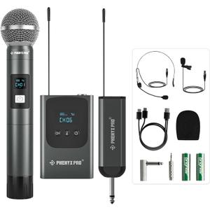 Phenyx Pro Dual Digital Wireless Microphone System, w/Handheld Dynamic Microphone, Bodypack Transmitter, Mini Receiver, 2x15 UHF Frequencies, Headset/Lapel Mic for Singing (PDP-2-1H1B)