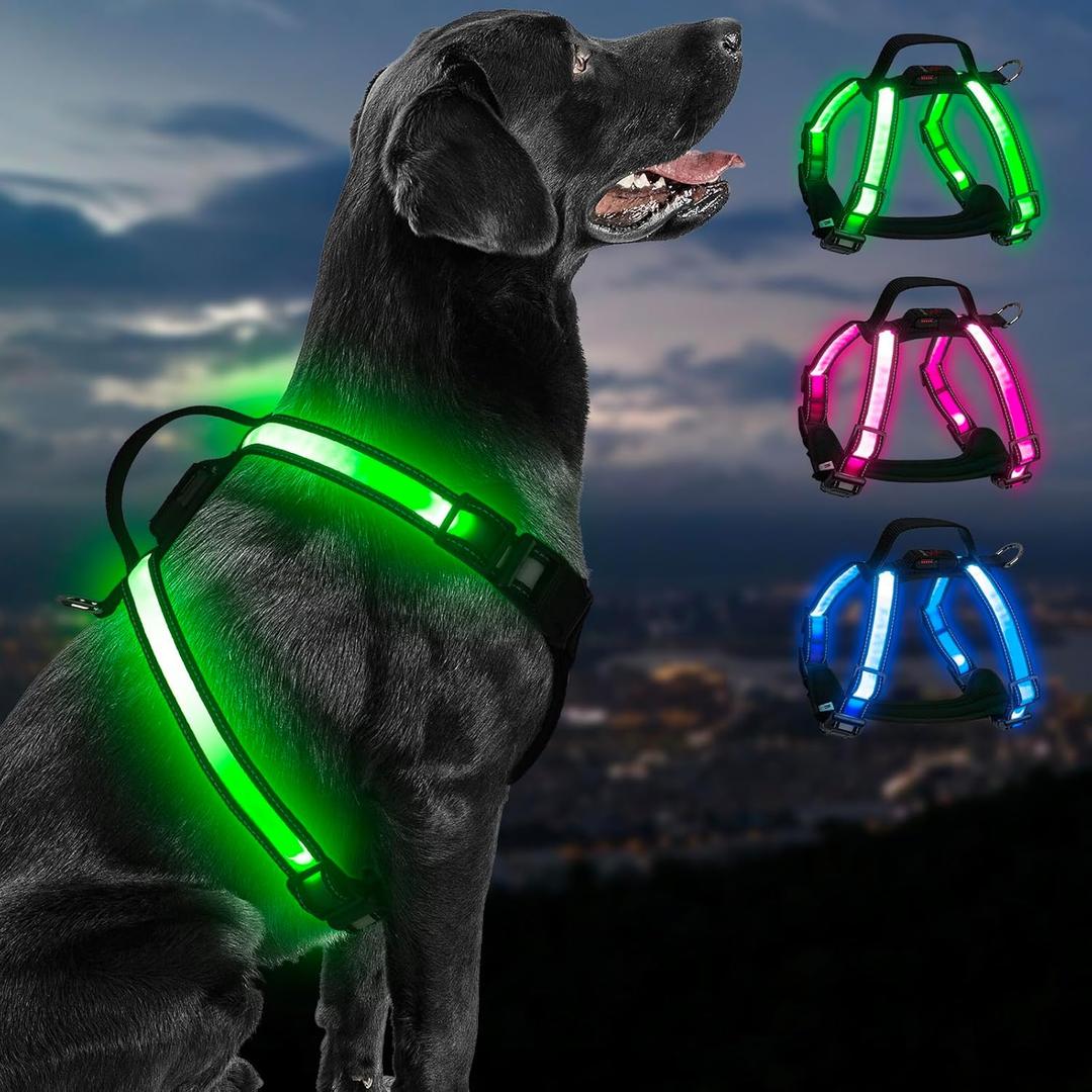 PZRLit Rechargeable LED Dog Harness  Multi-Color Light Up Glow Dark Vest with Reflective Strips, Waterproof Adjustable Soft Mesh Safety Harness for Small Medium Large Dogs Night Walking-Large
