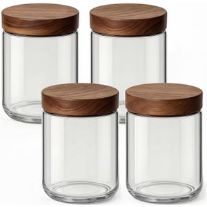 16oz 4 Pack Overnight Oats Containers with Lids, Glass Mason Jars with Acacia Wood Airtight Lids, Wide Mouth Meal Prep Storage Jars for Yogurt, Chia Pudding, Salad, Parfait, Snacks, Spice