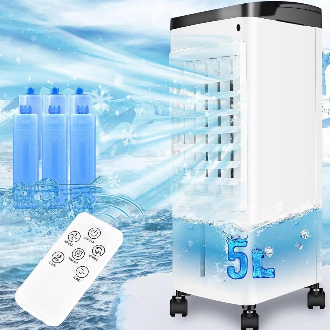 Portable Air Conditioners, 3 in 1 Evaporative Air Cooler with 5L Water Tank, 3 Speeds, 12H Timer, 65 Oscillation, Quiet Swamp Cooler Ideal for Room Office Bedroom Kitchen Garage (6 Ice Packs)