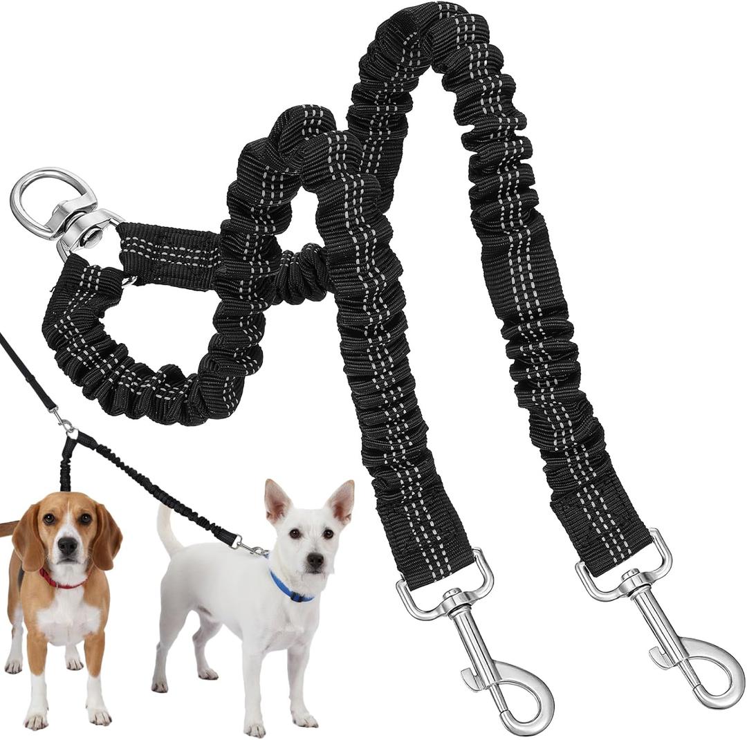Double Dog Leash, Elasticity Dog Leash for 2 Dogs, 360 Swivel Double Anti-Winding Walking Training Leashes for Dogs That Pull, Comfortable Shock Absorbing Bungee