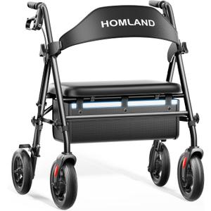 HOMLAND Bariatric Walkers for Seniors, 500lb Heavy Duty Rollator Walker with Extra Wide Padded Seat, 8” All Terrain Foldable Rolling Walker with Dual-Height Adjustable, Black