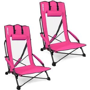 SPORT BEATS Low Beach Chairs Set of 2 Folding Beach Chairs High Back Support with Head Pillows Shoulder Straps