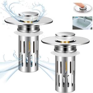 2 Pack Bathroom Sink Stopper for 1.06-1.50in, Universal Bathroom Sink Drain Pop Up Stopper for US Stainless Steel Floor Drain Filter, Universal Drain Filter with Hair Strainer(Silver)