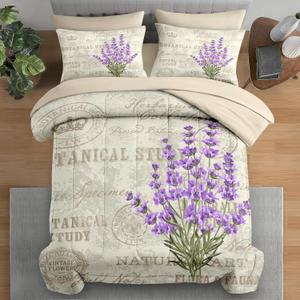 Comforter Set King Size, Purple Lavender Vintage Flower 7 Pcs Bedding for Kids and Adults, Botanical Plant Retro Bed Sheet Sets with Fitted Sheet 2 Pillowcases & 2 Shams for Bedroom Bed Decor