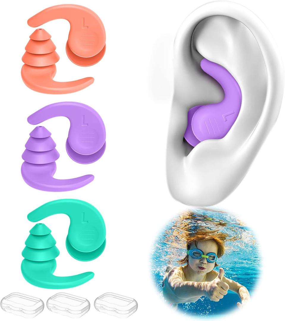 Kids Swimming Ear Plugs,3 Pairs Waterproof Reusable Silicone Child Swim Earplugs for Swimming Surfing Bathing Showering,Small Children Water Ear Plugs Suitable for Boys and Girls (Kids 4-12 Years Old), Multicolor
