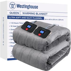 Westinghouse Electric Blanket Queen Size, Super Cozy Soft Flannel 84" x 90" Heated Blanket with 10 Fast Heating Levels & 1-12 Auto-Off, Machine Washable, ETL&FCC Certification, Light Grey (Queen 84"x90")