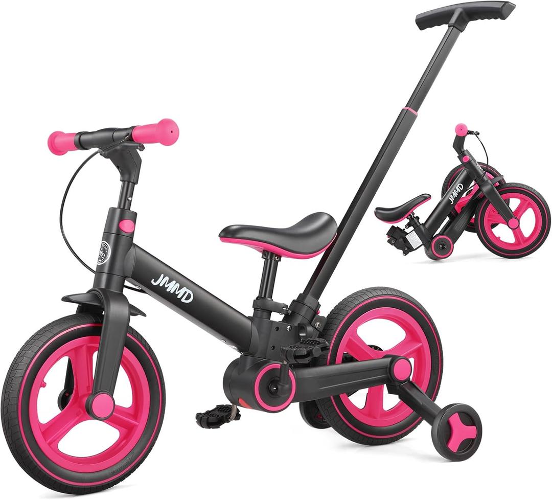 JMMD 6 in 1 Toddler Bike with Push Handle for Kids 18-60 Months, 12" Foldable Balance Bike with Training Wheels, Pedals, Brakes, Kickstand, Push Tricycle Toddler Gift & Toys for Boy & Girl