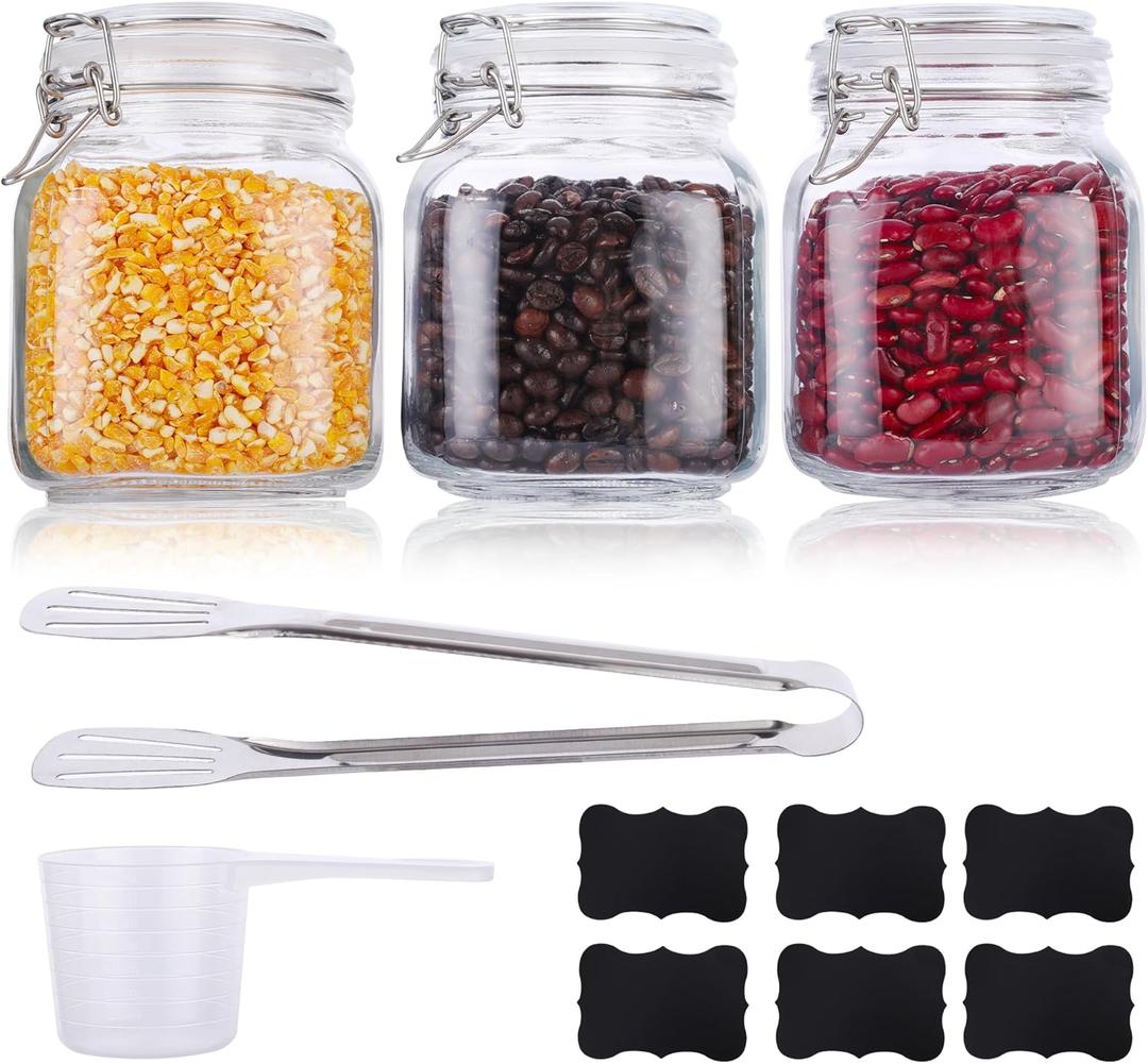 Mason Jars, 3 Pcs 34oz 1000ml Glass Food Storage Containers with Airtight Lids, Flour Sugar Storage Containers Sets for the Kitchen, With Metal Food Tongs & Measuring Cups & Sorting Labels