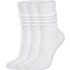 Womens Scrunch Crew Socks: Retro Solid Slouch Mid Calf Socks - Cotton Casual Athletic Socks (White)