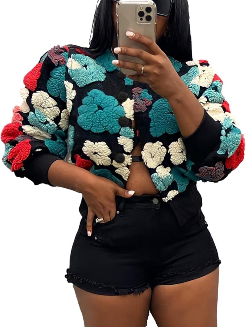 Aimiray Women's Cropped Fleece Jacket Long Sleeve Warm Bomber Sherpa Jacket Floral Printed Varsity Coats (XL)
